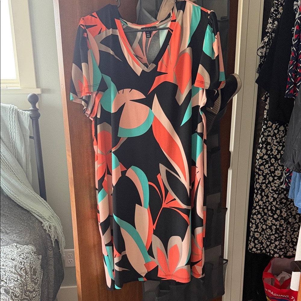 Tribal Asymmetrical Dress - Black, Coral, Teal